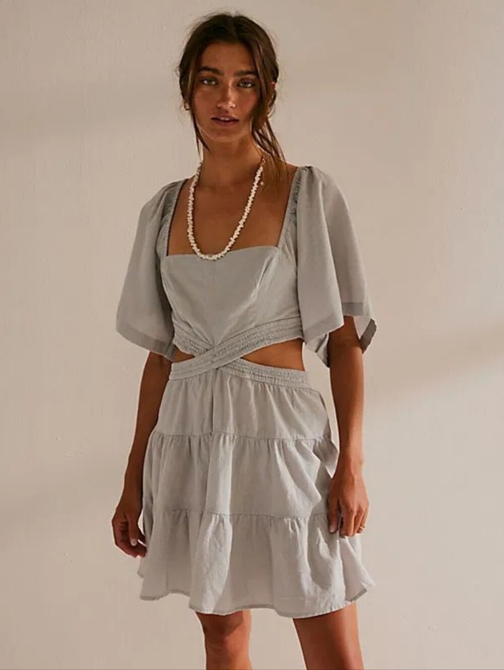 Free People Cross Of Sunlight Gray Linen Smocked Cut Out Tiered Mini Dress - Picture 3 of 12